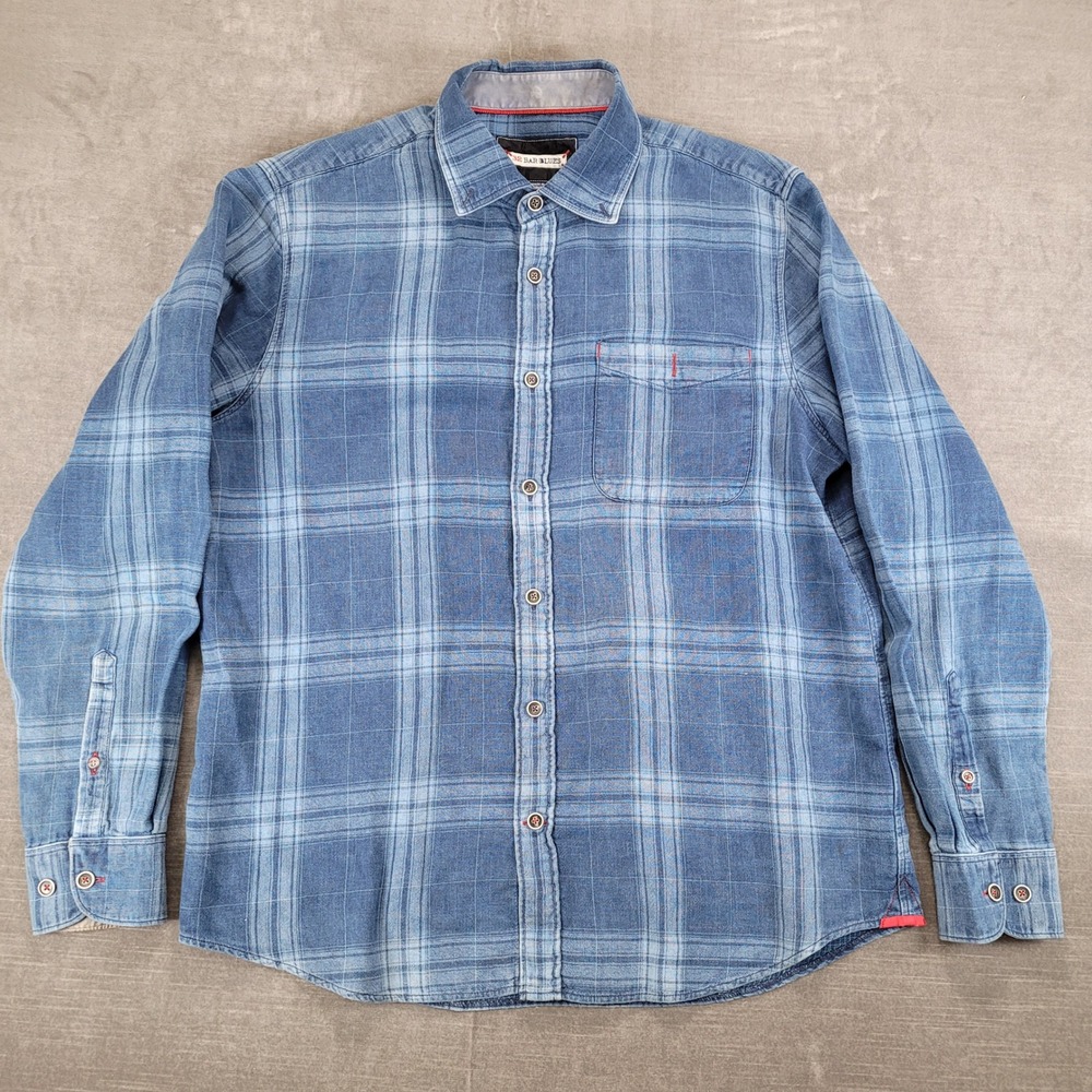 32 Bar Blues Mens Medium Blue Plaid‎ Long Sleeve Button Down Shirt Flaw